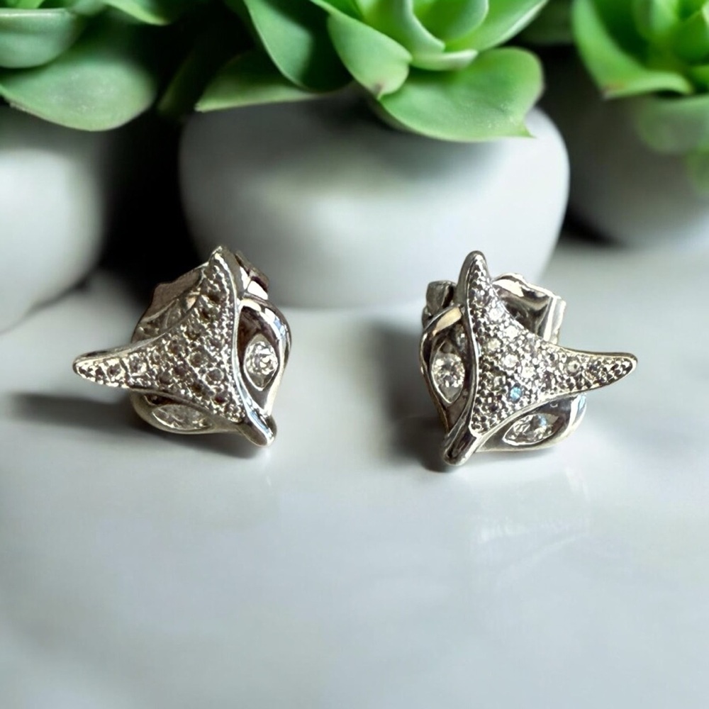 Set of 2 Pairs of Fox Style Rhodium Electroplated with Small Cz Stones Earrings
